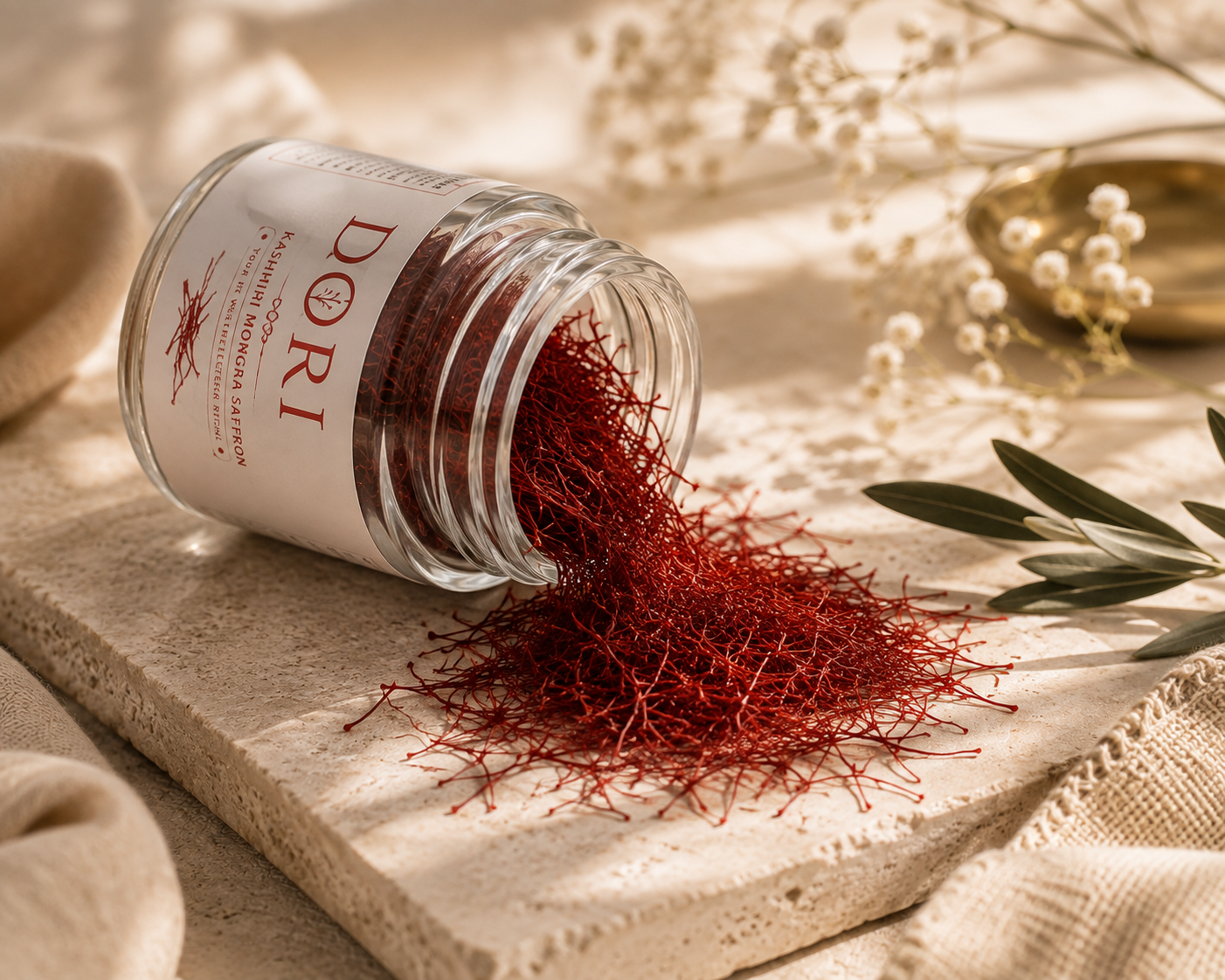 Saffron threads spilling out of the DORI glass jar