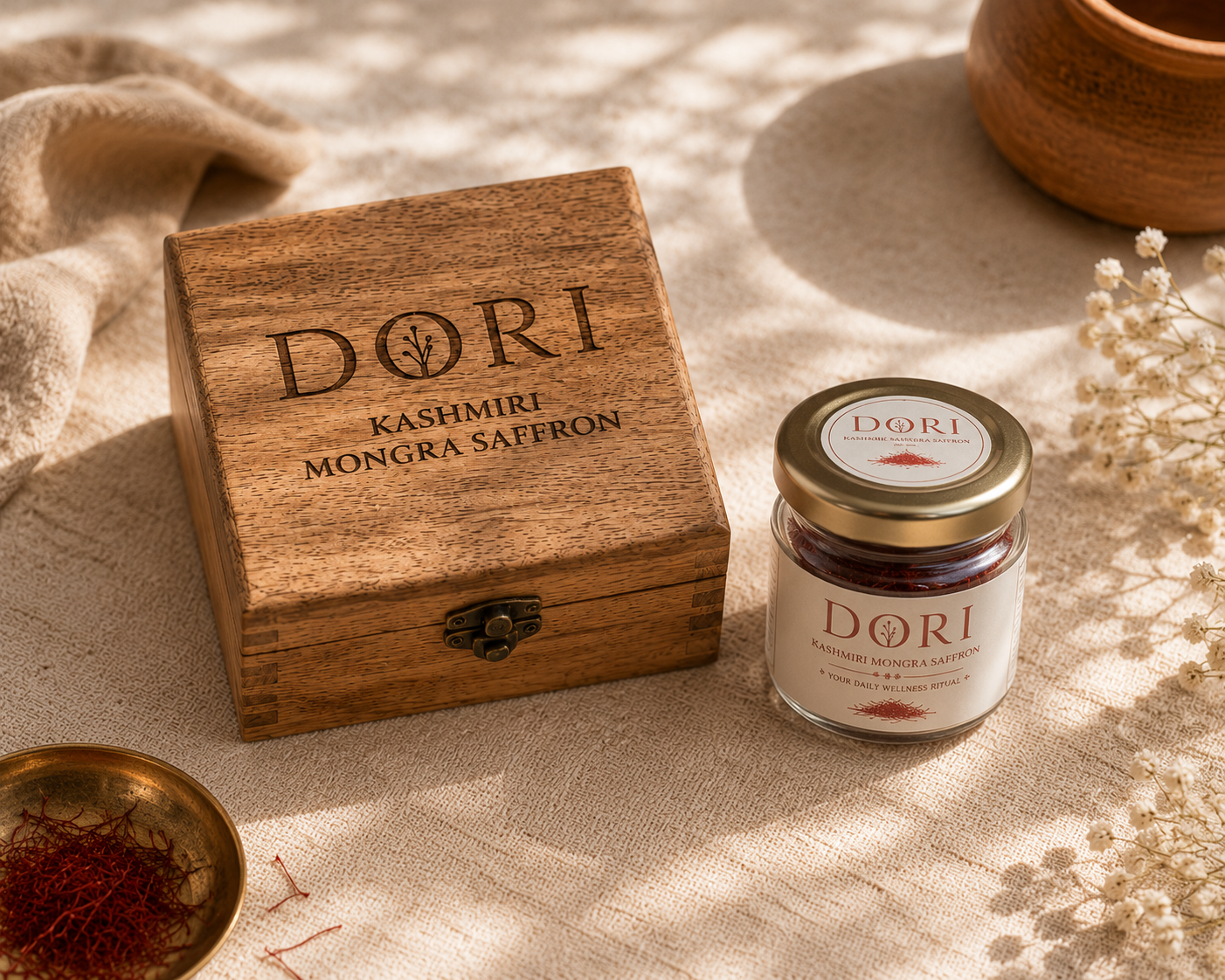 DORI saffron jar beside the engraved wooden box